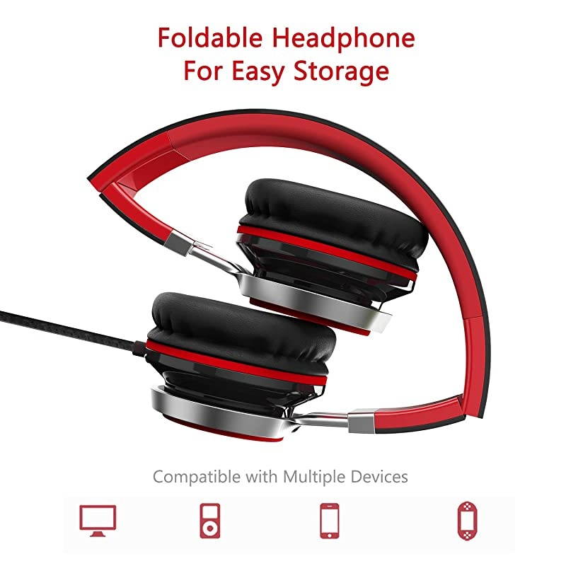 i39 Headphones with Microphone Foldable Lightweight Adjustable On Ear Headsets with 35mm Jack for Cellphones Computer MP34 Kindle School RedBlack