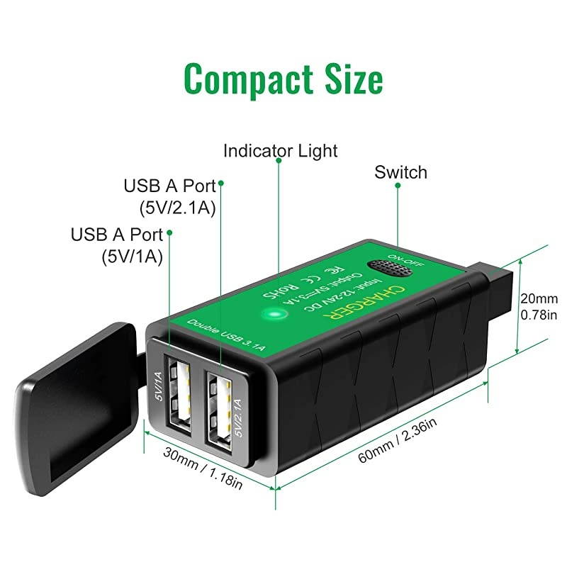 M2A Motorcycle USB Charger Kit Ring Terminal to 31Amp Dual USB Port Adapter with Voltmeter ONOff Switch3 Install Options Waterproof Quick Disconnect Plug for Smart Phone Tablet GPS Camera