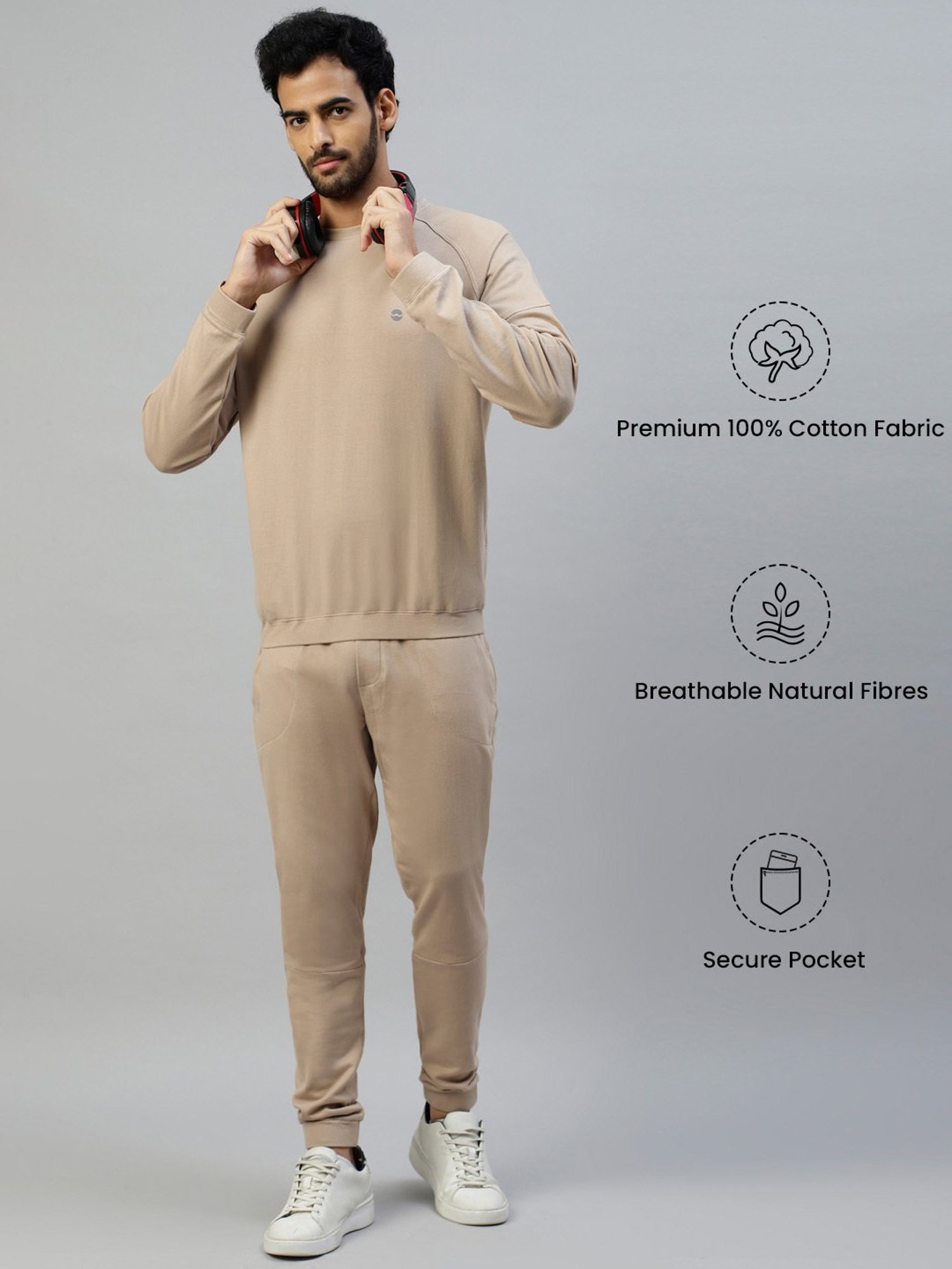 Slowave Beige Regular Fit Sweatshirt & Joggers Set