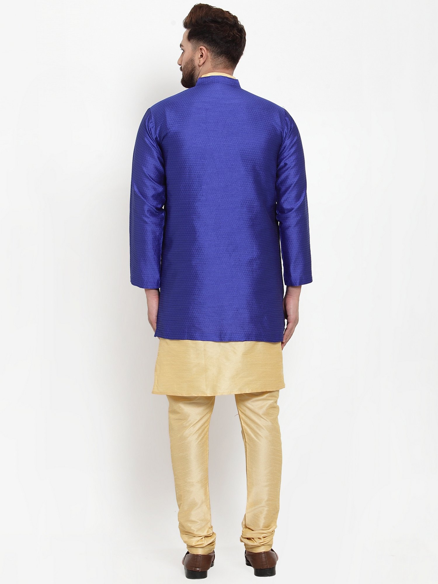 Benstoke Gold & Royal Blue Regular Fit Self Pattern Kurta Set With Jacket