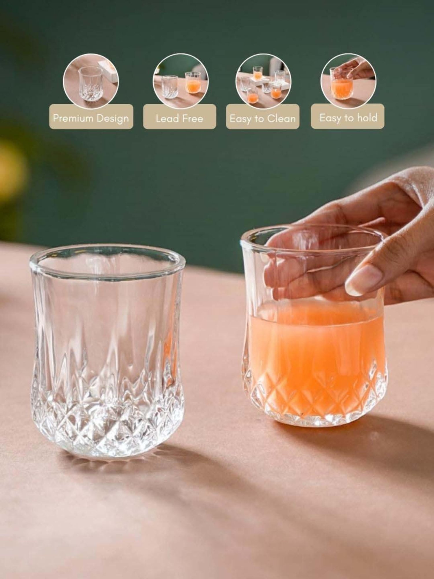 Nestasia Premium Quality Thick Walled Break Resistant Cut Glass Textured Glass Set Of 6, Each 200 ml