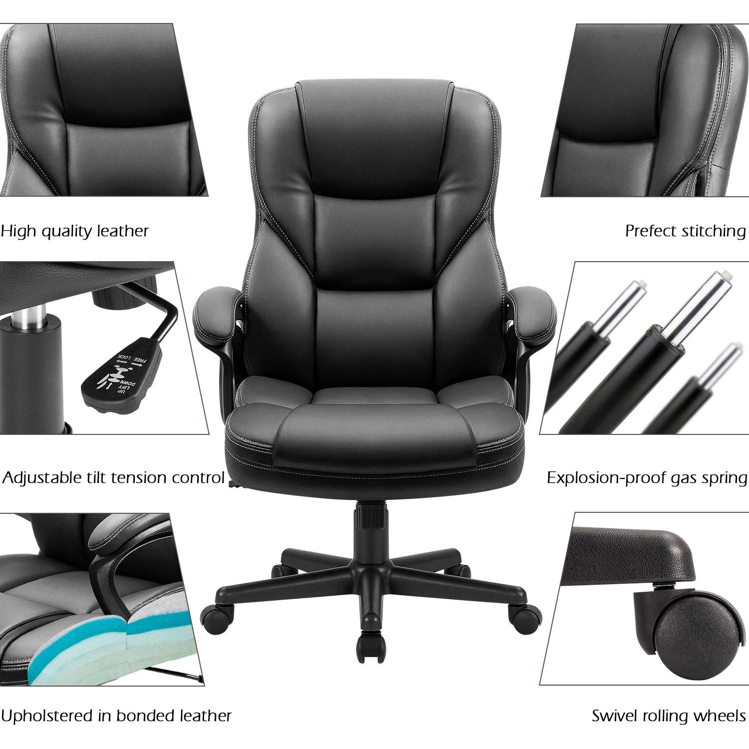 Furmax Office Exectuive Chair High Back Adjustable Managerial Home Desk Chair, Swivel Computer PU Leather Chair with Lumbar Support (Black)