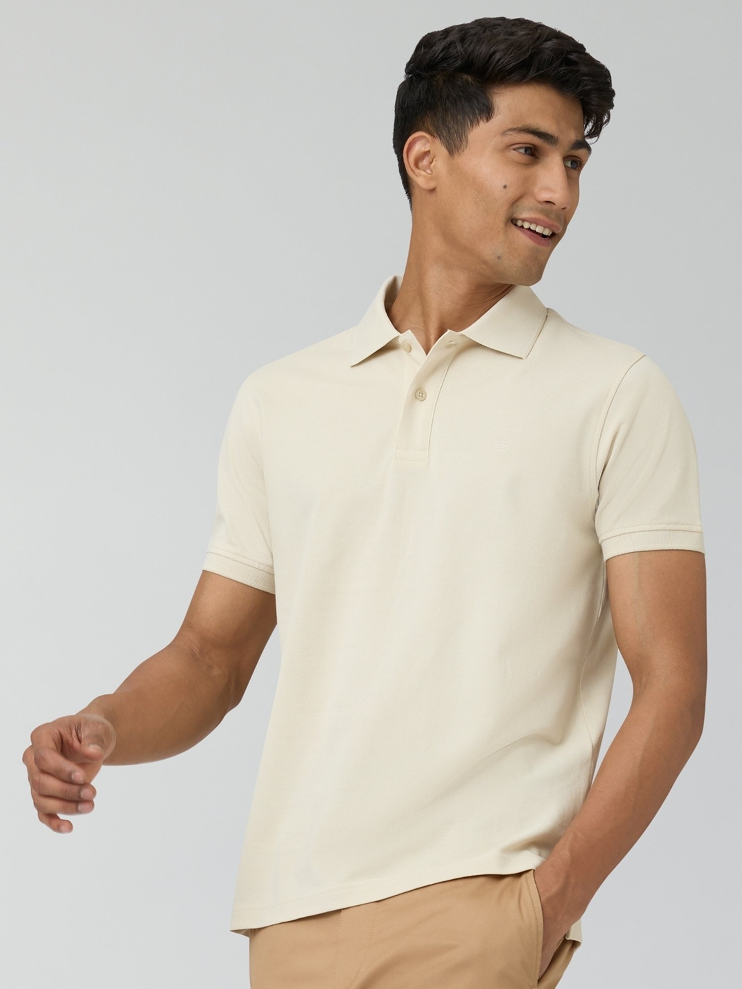 XYXX Almond White Cotton Regular Fit Polo T-Shirt