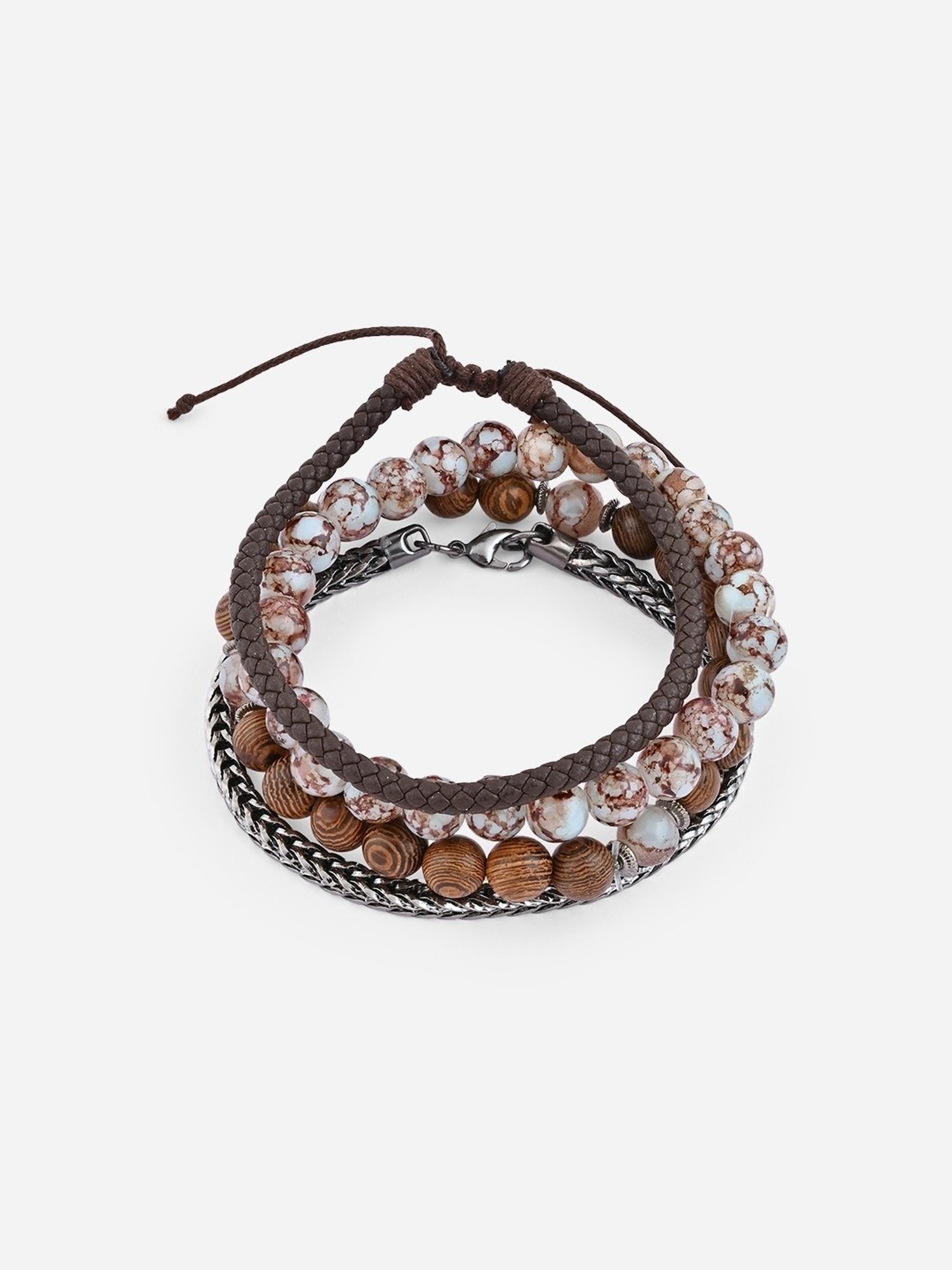 The Bro Code Brown Party Men's Beaded, Cuban Link with Fabric Knotted Stack Bracelet - Set of 4