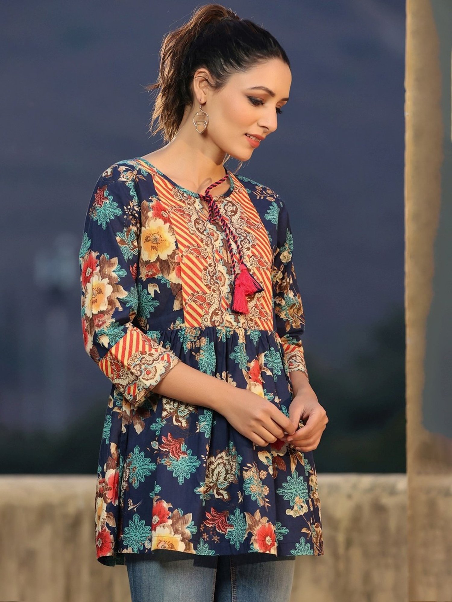 Rain and Rainbow Blue Cotton Printed Top