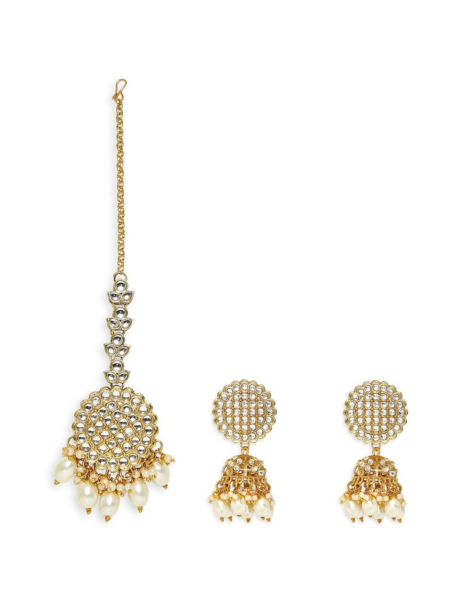 OOMPH Gold Tone Kundan & Pearls Choker Necklace Set with Jhumka Earrings & Maangtikka