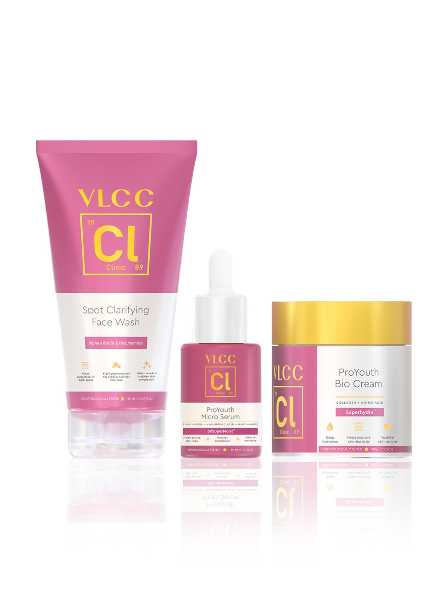 VLCC Clinic Spot Clarifying Face Wash, ProYouth Micro Serum & Bio Cream Combo