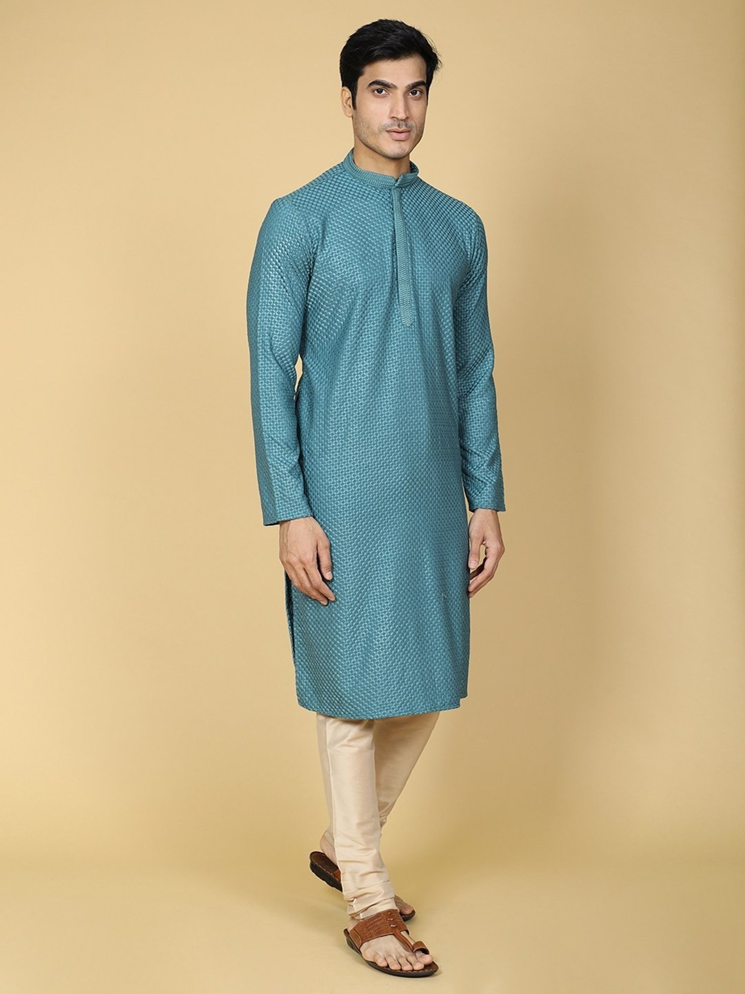 TABARD Green Cotton Regular Fit Chikankari Embroidery Full Sleeves Kurta Bottom Set