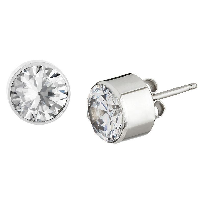 Women's Bezeled Set Cubic Zirconia Stud Stainless Steel Earrings (8mm) - Silver