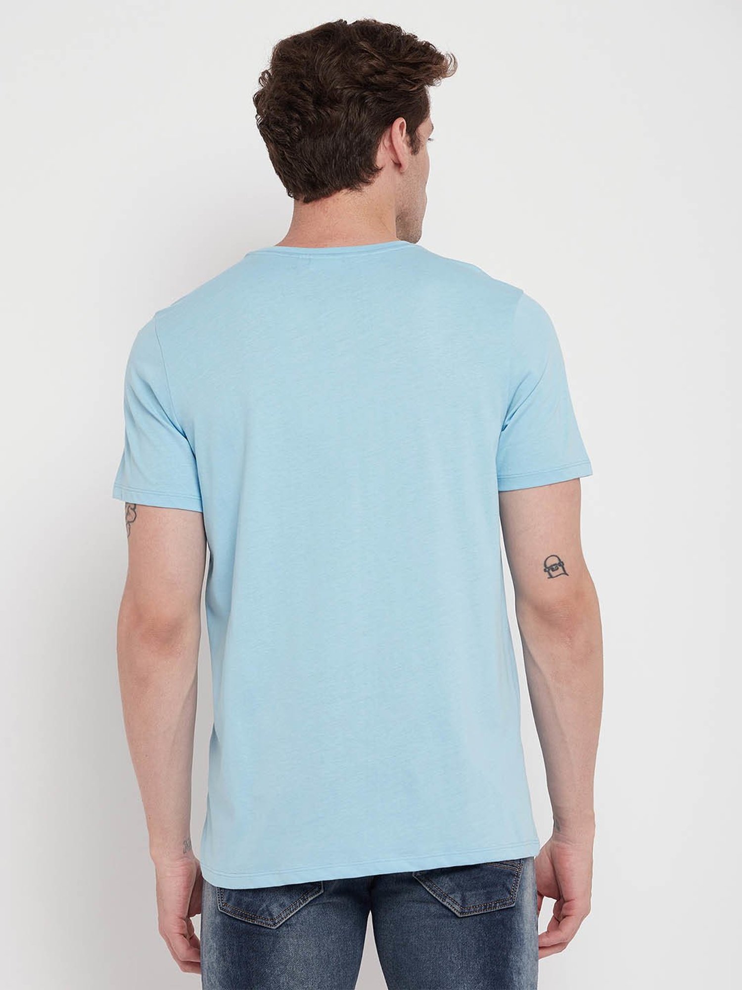 EDRIO Light Blue Regular Fit Printed T-Shirt