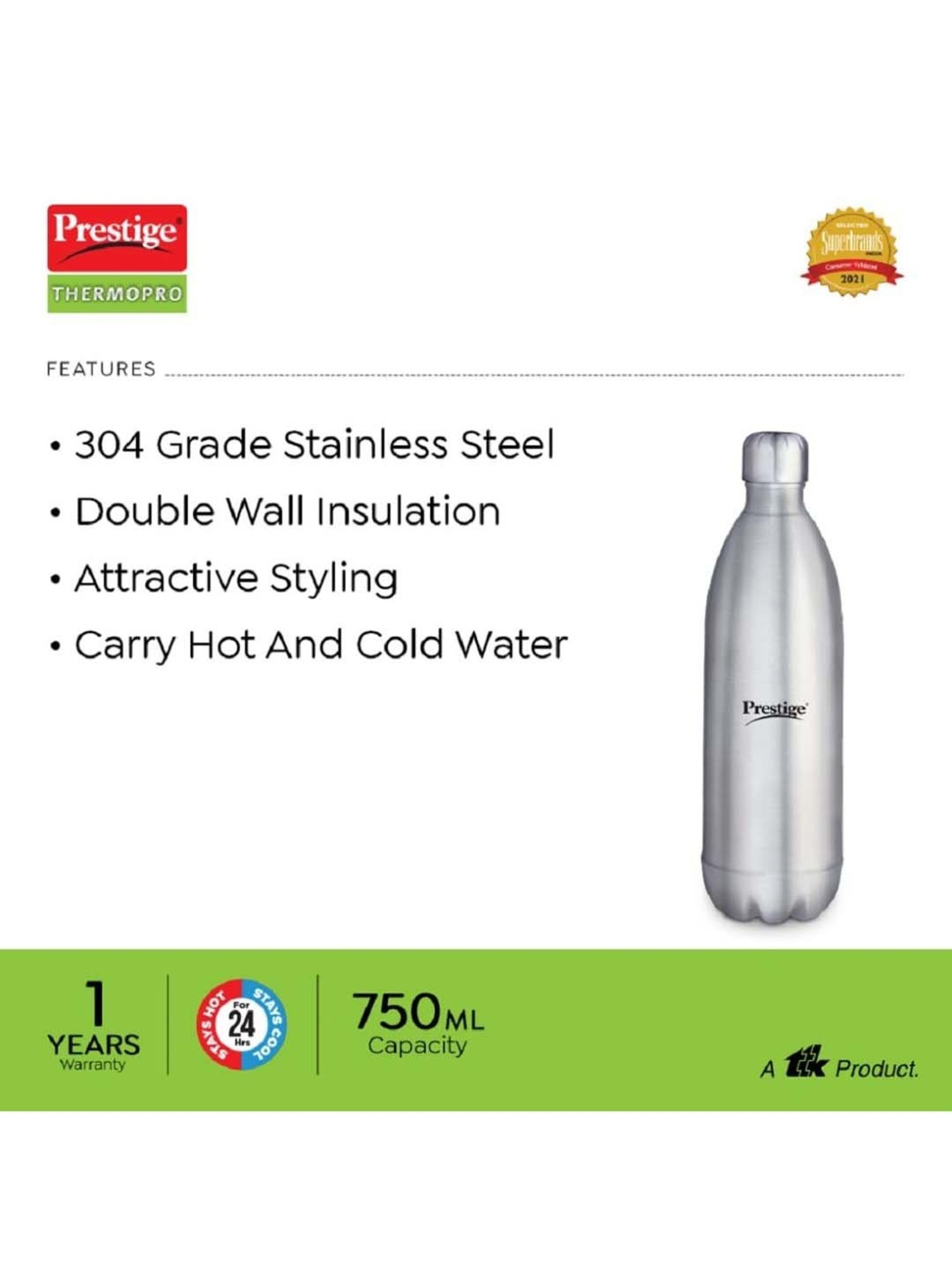Prestige Silver Stainless Steel Double Wall Insulated Water Bottle (0.75 L) - Set of 1