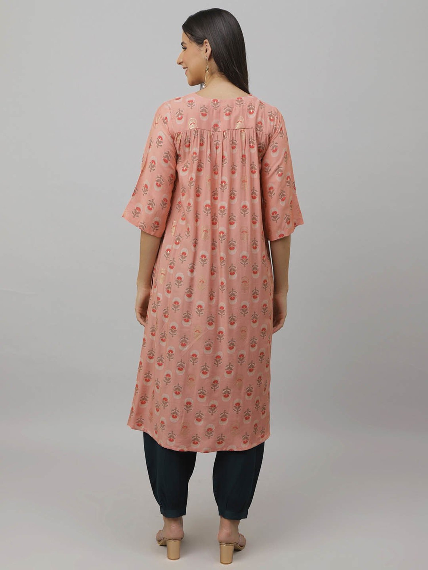 The Mom Store Peach Printed Maternity & Nursing Kurta Pant Set