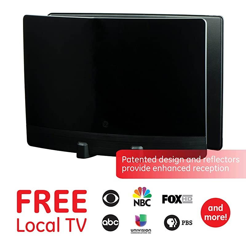 GE  Optima TV Antenna 60 Mile Range HDTV VHF UHF Indoor Signal Enhancing Reflector Panel 10 Ft Coax Cable Black 34137