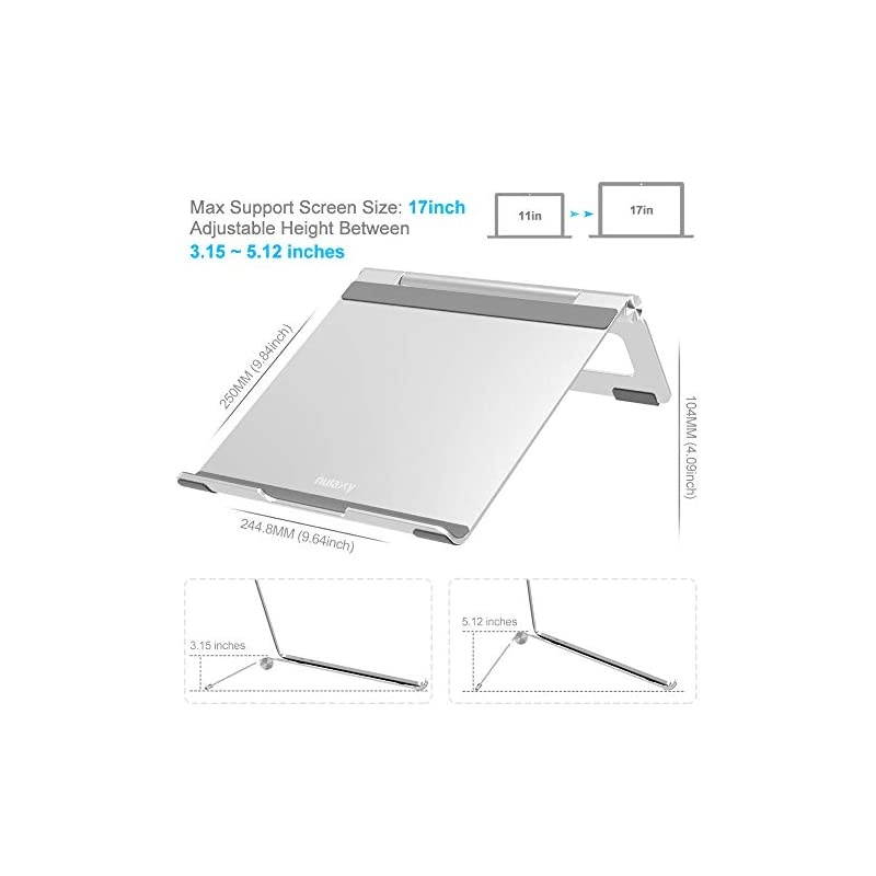 Adjustable Laptop Stand, Laptop Riser, Aluminum Notebook Holder Stand Compatible with MacBook, Air, Pro, Dell XPS, HP, Samsung, Alienware, More Laptops up to 17.3"- Silver