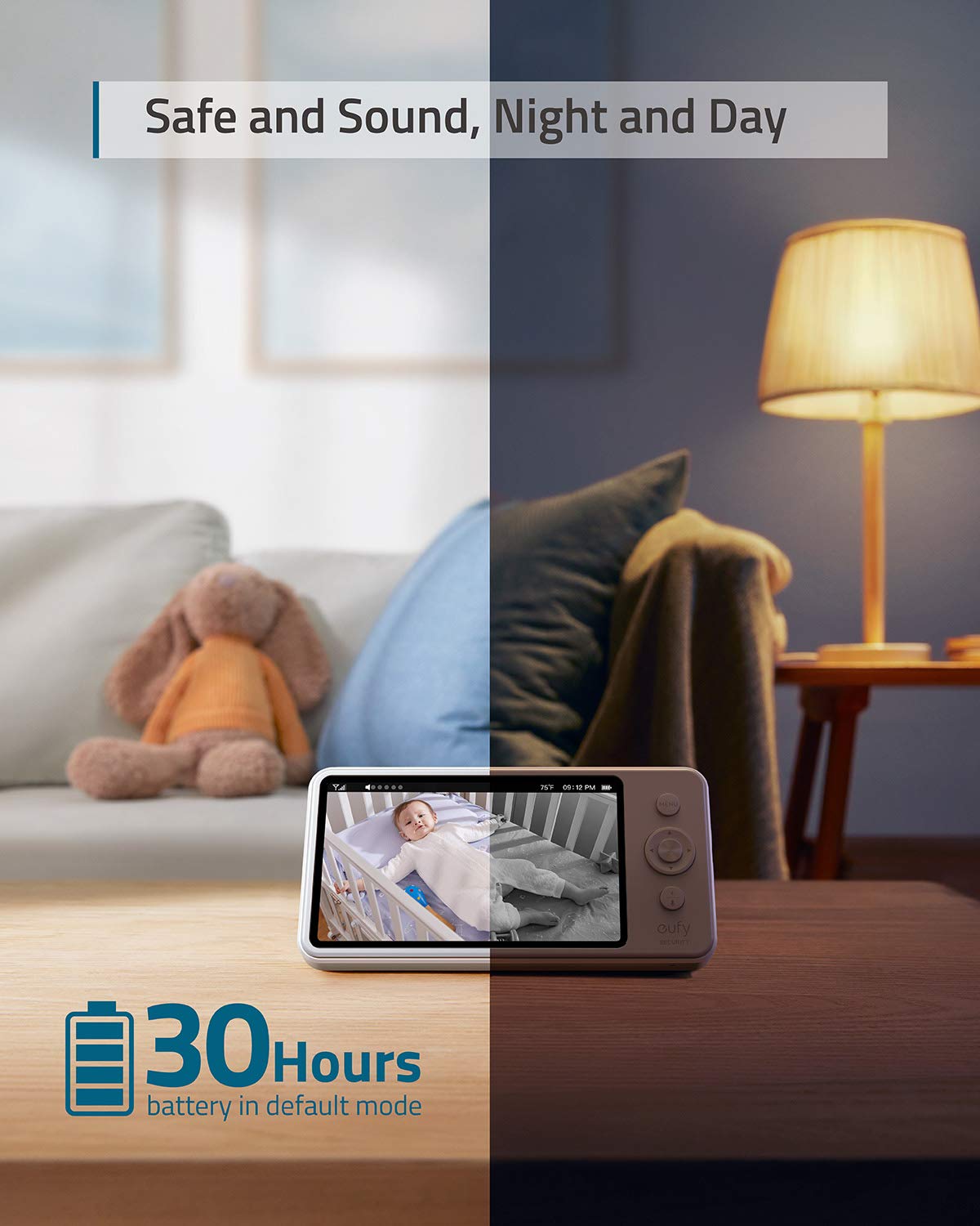 eufy Security Video and Audio Baby Monitor, 720p Resolution, Large 5" Display, 5,200mAh Battery, 2-Way Audio, Night Vision, Lullaby Player, 1000 ft. Range, Ideal for New Moms, Manual Pan & Tilt