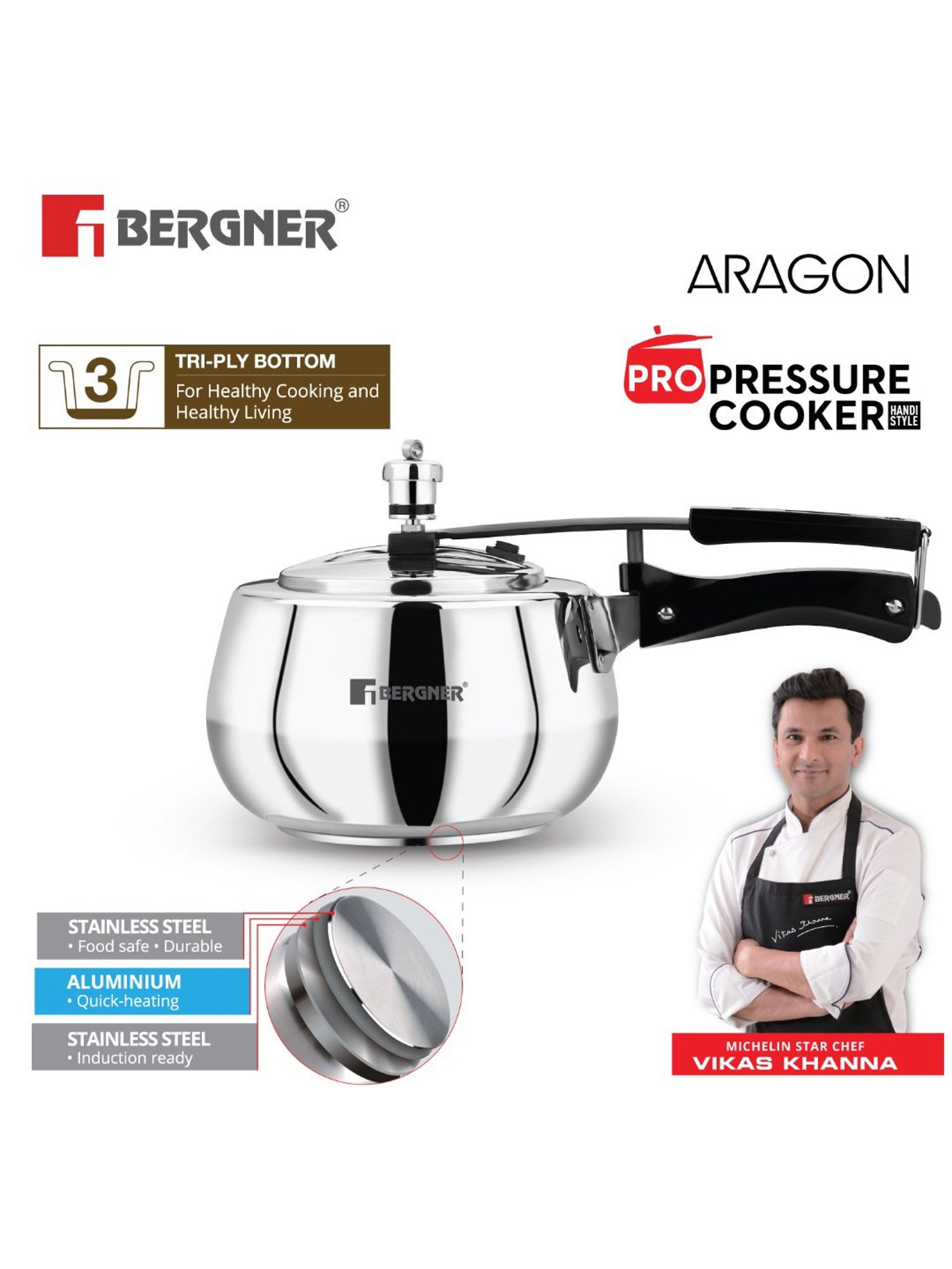 Bergner Silver Stainless Steel Induction Base Pressure Cooker with Inner Lid (3 L)