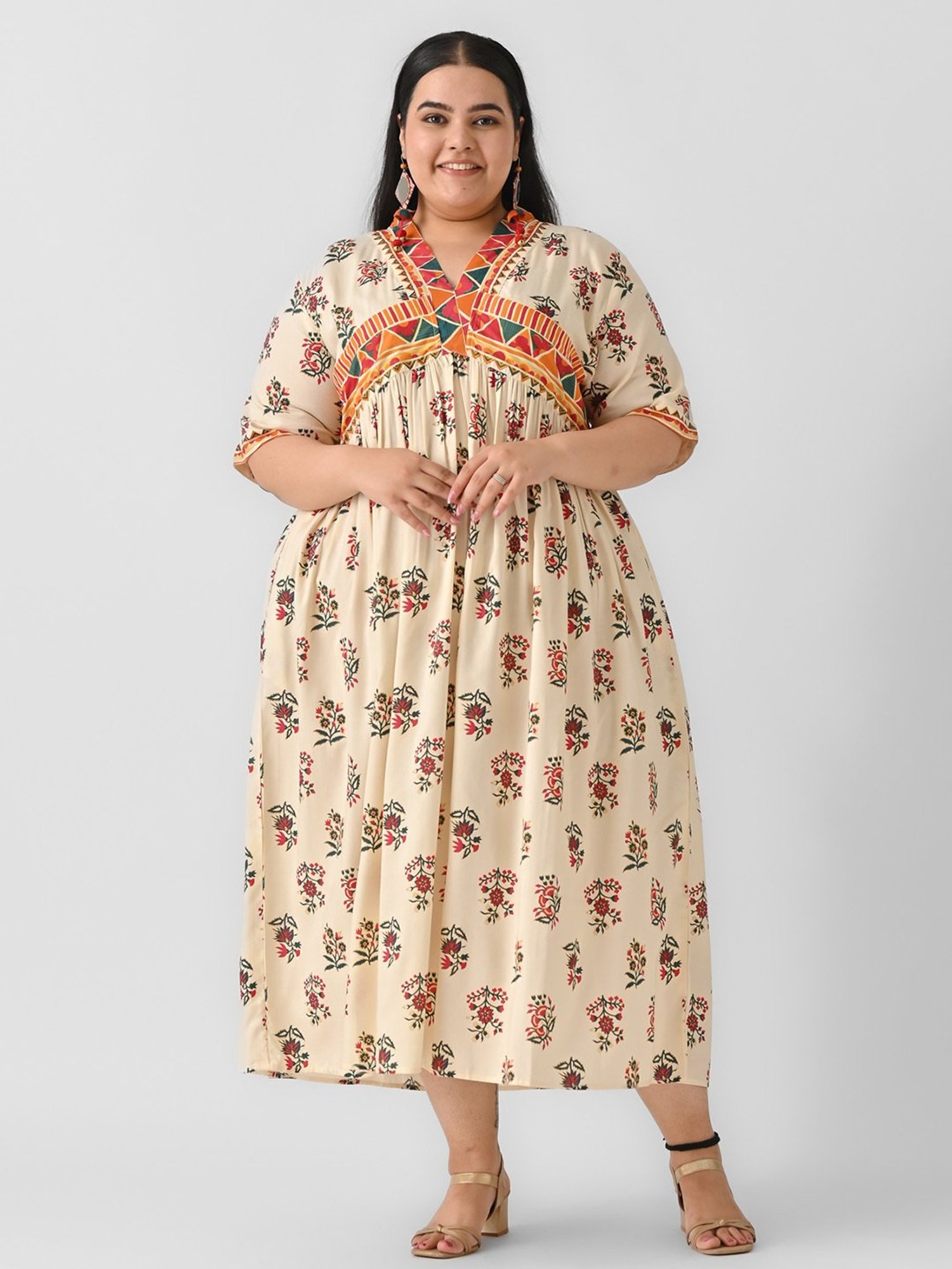 Rustorange Cream Printed Ethnic Dress
