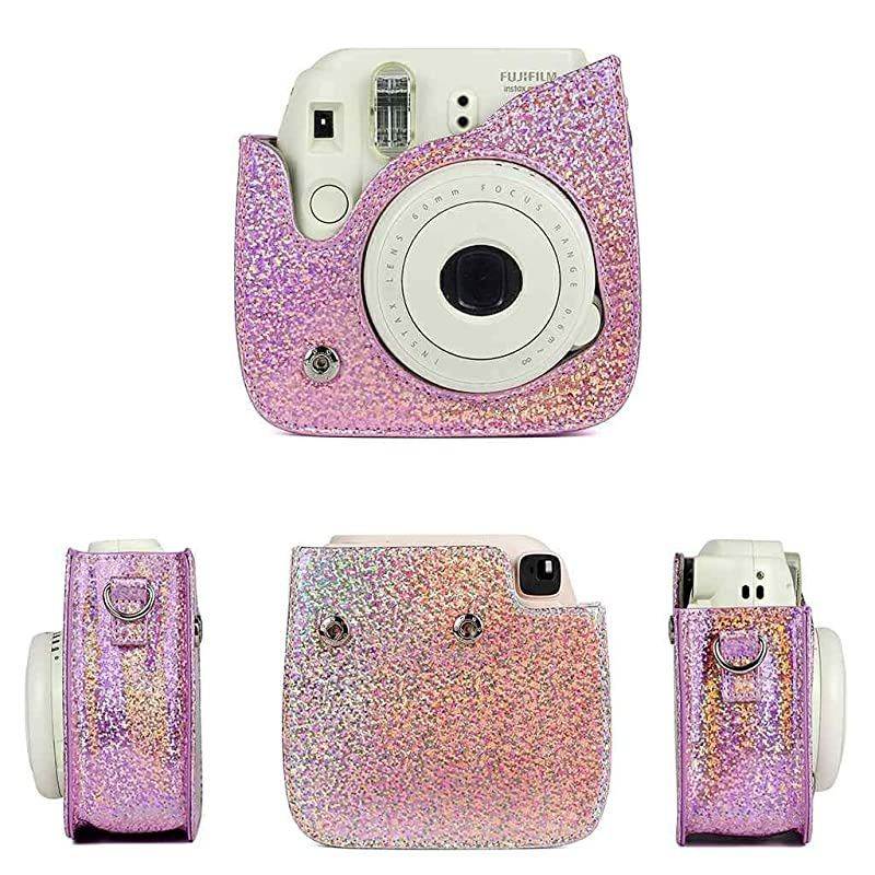 for Fujifilm Instax Mini 9 8 Instant Camera Accessories Kit Bundle + Custom Case with Strap + Assorted Frames + Photo Album + 60 Colorful Sticker Frames + More(Glitter Pink