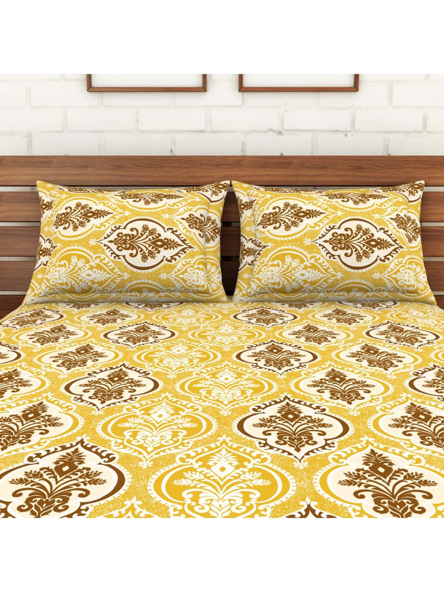SWHF Yellow & Brown Cotton 108 TC Double Bedsheet Sets