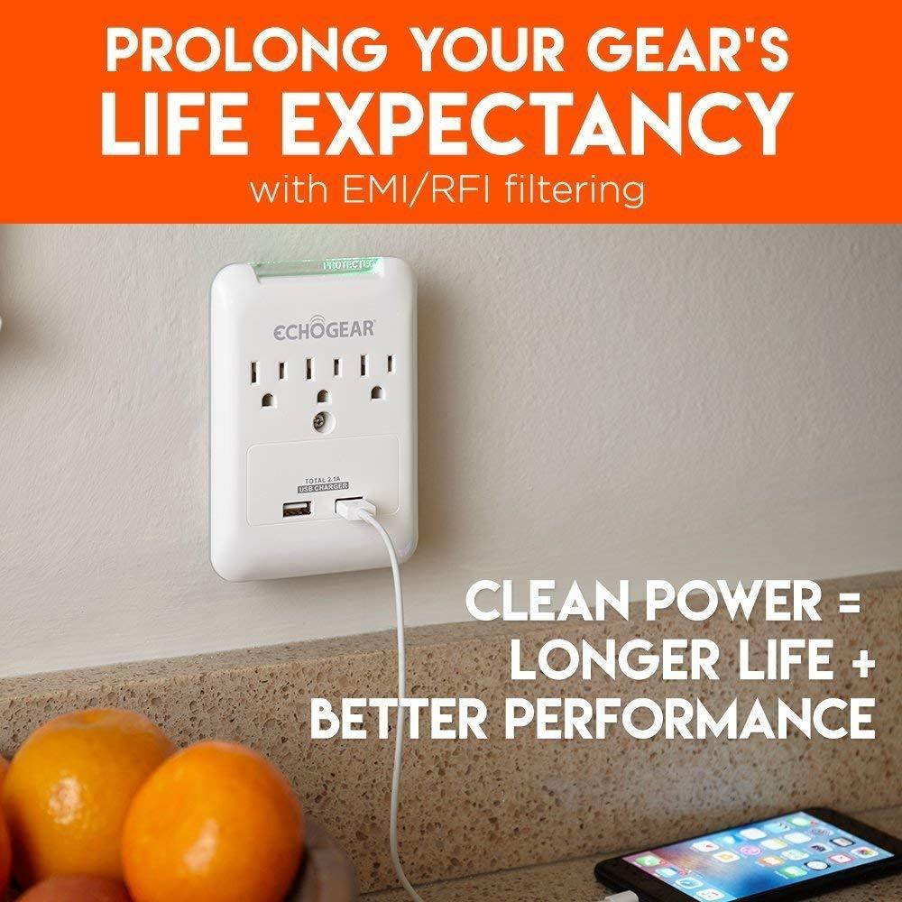 ECHOGEAR Low Profile Surge Protector Design with 3 AC Outlets & 2 USB Ports &ndash; 540 Joules of Surge Protection - Installs Over Existing Outlets to Protect Your Gear & Increase Outlet Capacity