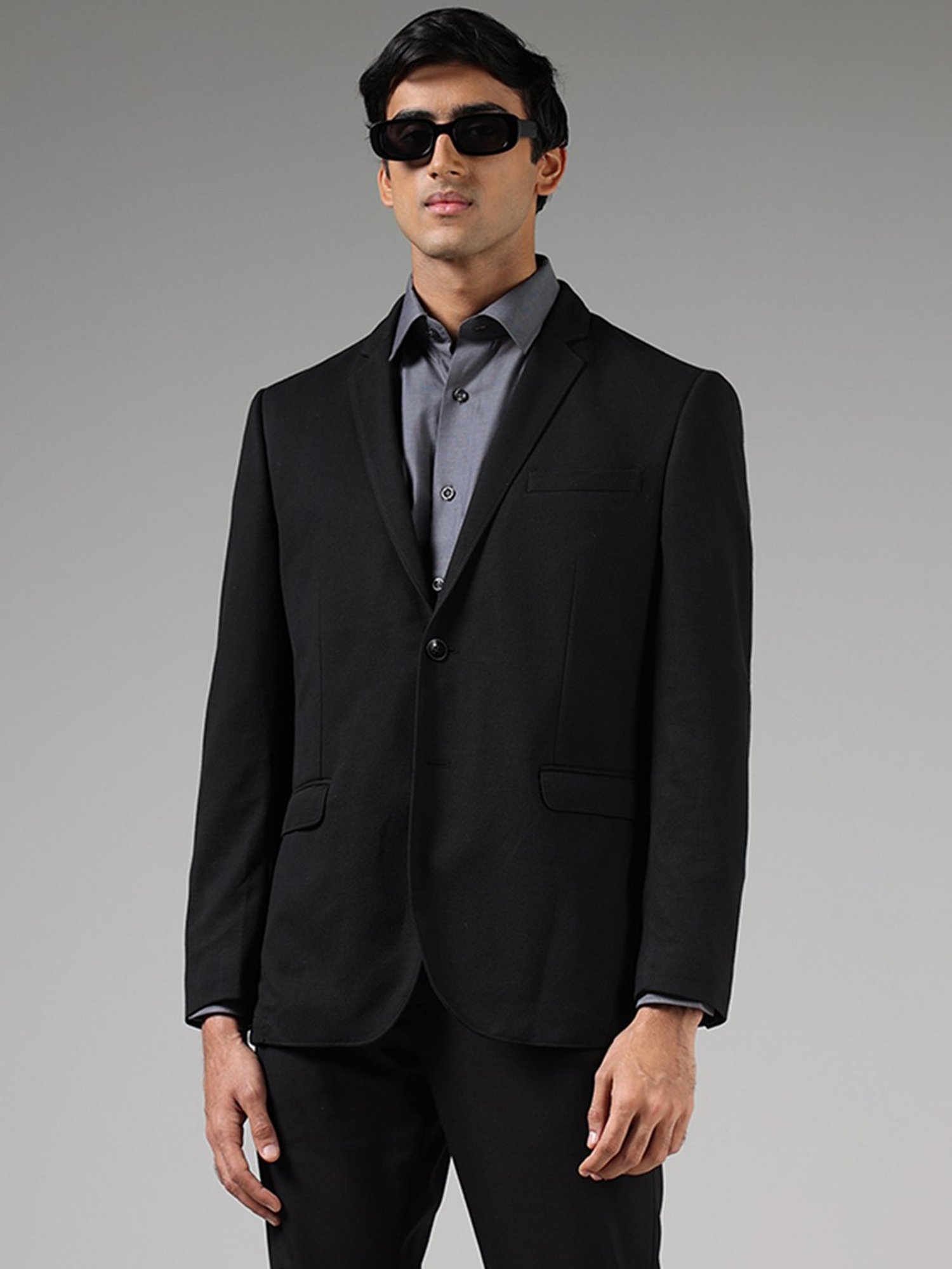 WES Formals by Westside Black Slim Fit Dobby Blazer