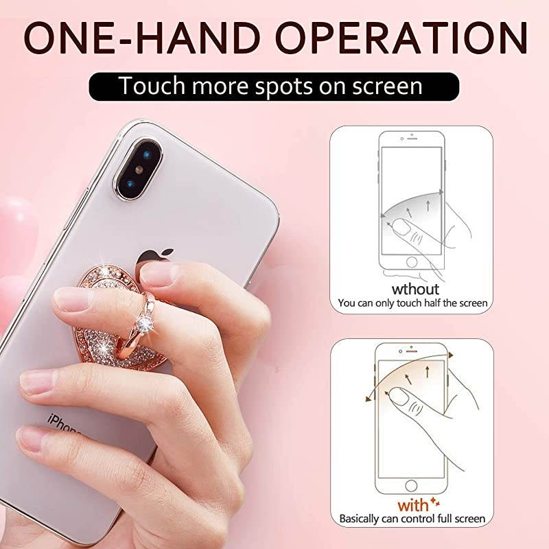 Cell Phone Finger Ring Holder with Blingy Crystals,  Heart Love Phone Ring Kickstand [Washable] [Removable], 360&deg;Rotation Zinc Alloy Ring Grip Stand for All Phones (Rose Gold)