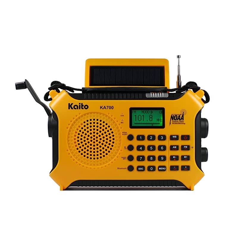 KA700 Bluetooth Emergency Hand Crank Dynamo Solar Powered AM FM Weather Band Radio with Recorder and MP3 Player Rugged Design for Hiking Camping Construction Sites EtcYellow
