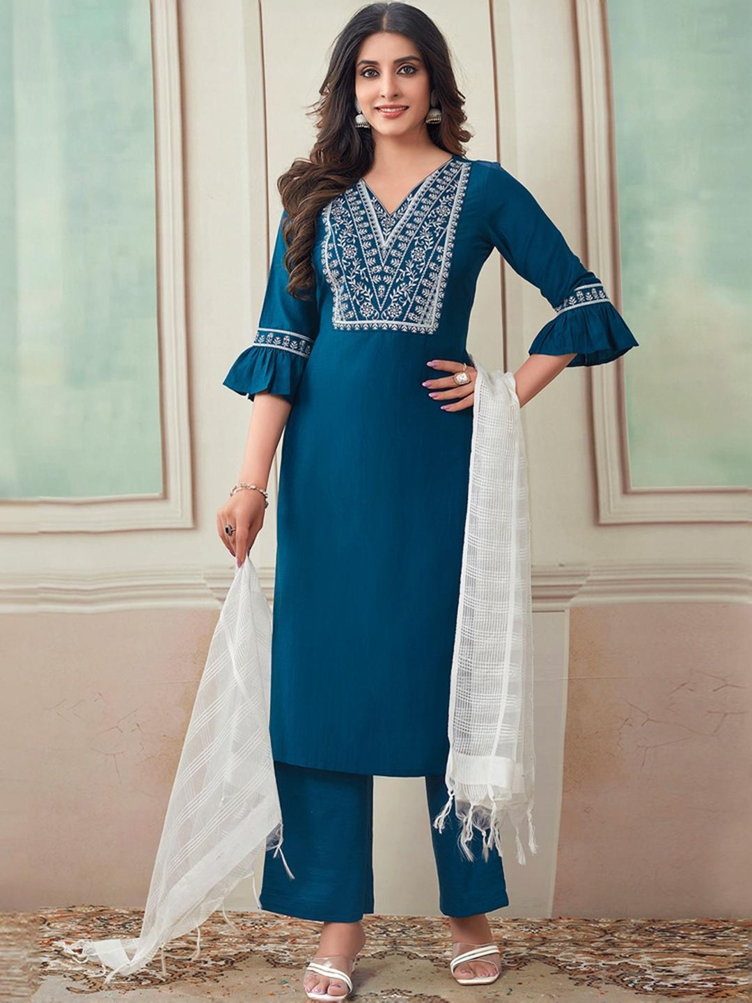 Skylee Blue Embroidered Kurta Pant Set With Dupatta
