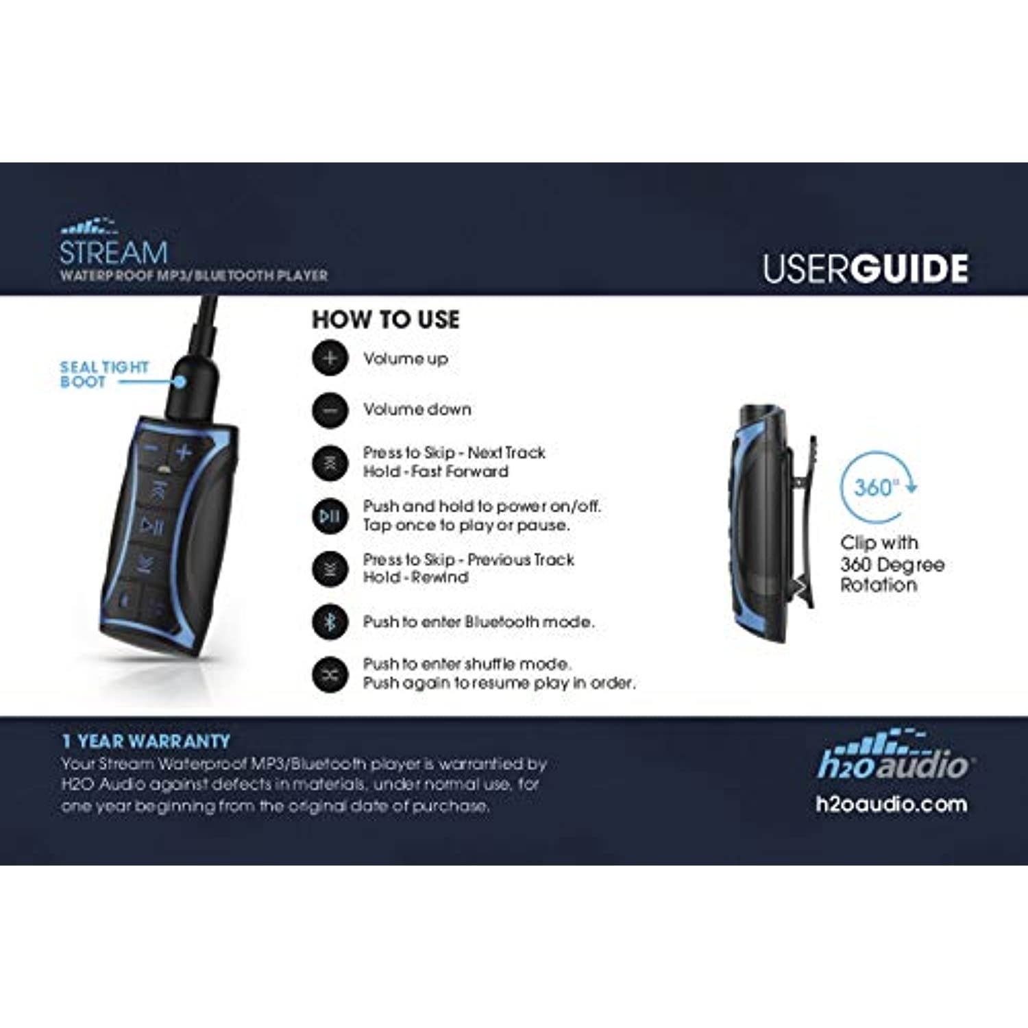 100% Waterproof Stream MP3 Music Player with Bluetooth and Underwater Headphones for Swimming Laps, Watersports, Normal Cord, 8GB &ndash; by H2O Audio