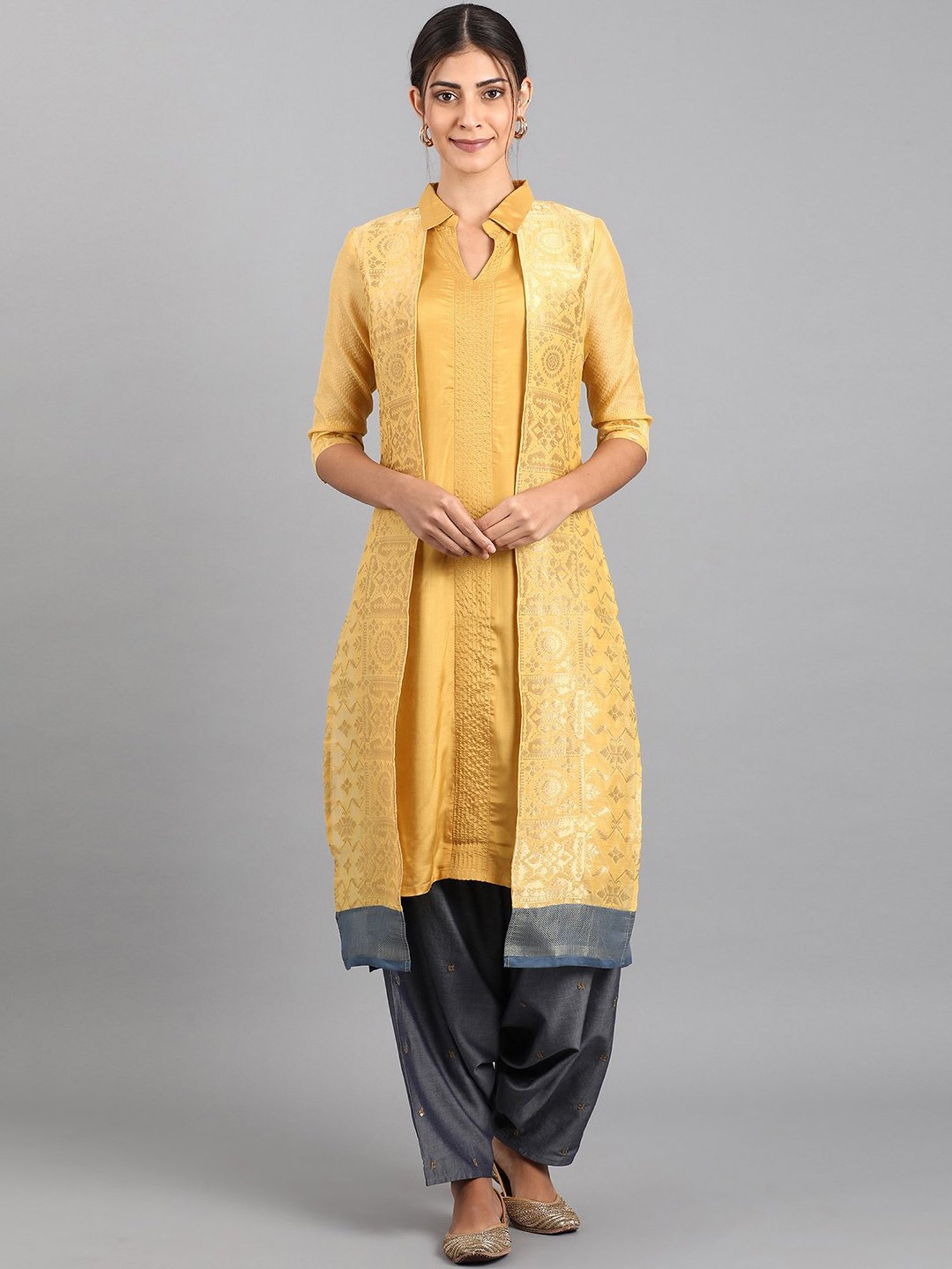 W Yellow Printed Straight Double Layered Kurta