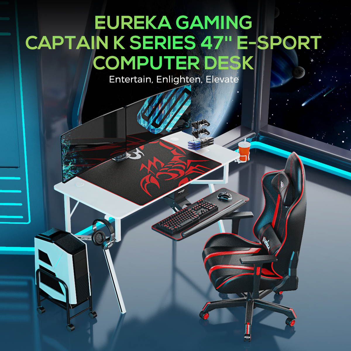 Eureka Gaming&reg; Captain K Series 47'' E-sport Desk, Home Office Gaming Computer Desk, K Shaped Gamer Workstation with Free Controller Stand, Cup Holder, Headphone Hook & Mousepad, White
