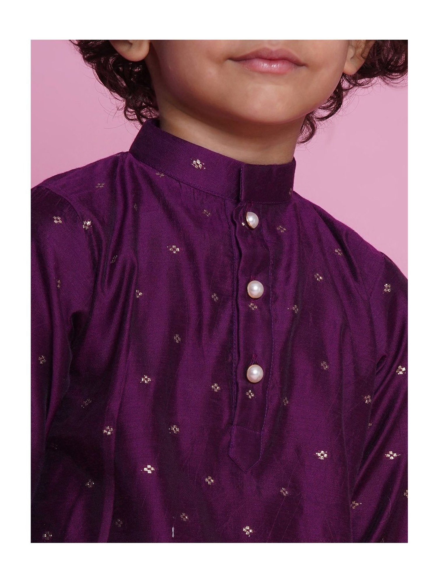 Little Bansi Boys Purple & White Self Design Full Sleeves Kurta with Pyjamas