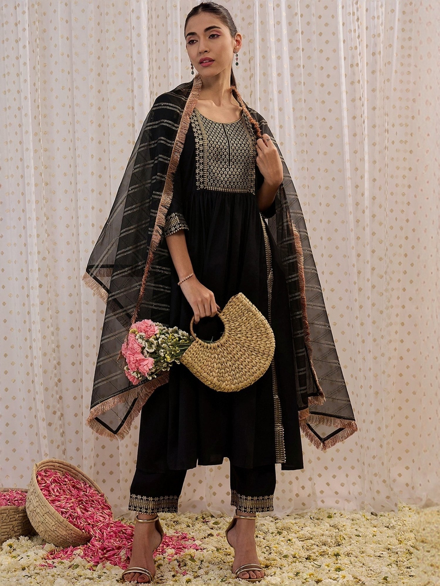 Indo Era Black Woven Pattern Kurta Pant Set With Dupatta