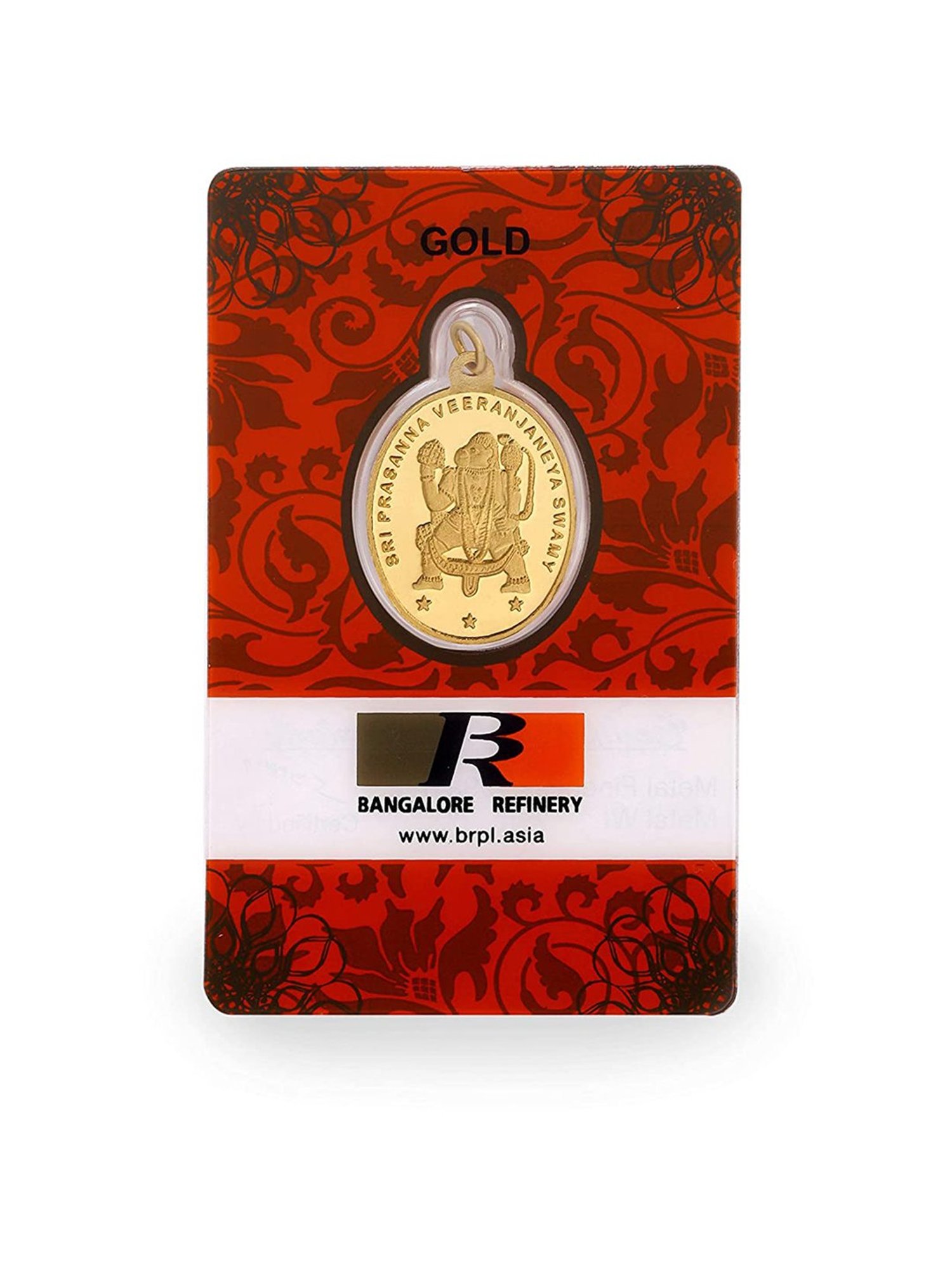 Bangalore Refinery Hanuman 24k (999) 6.2gm Gold Coin cum Pendant
