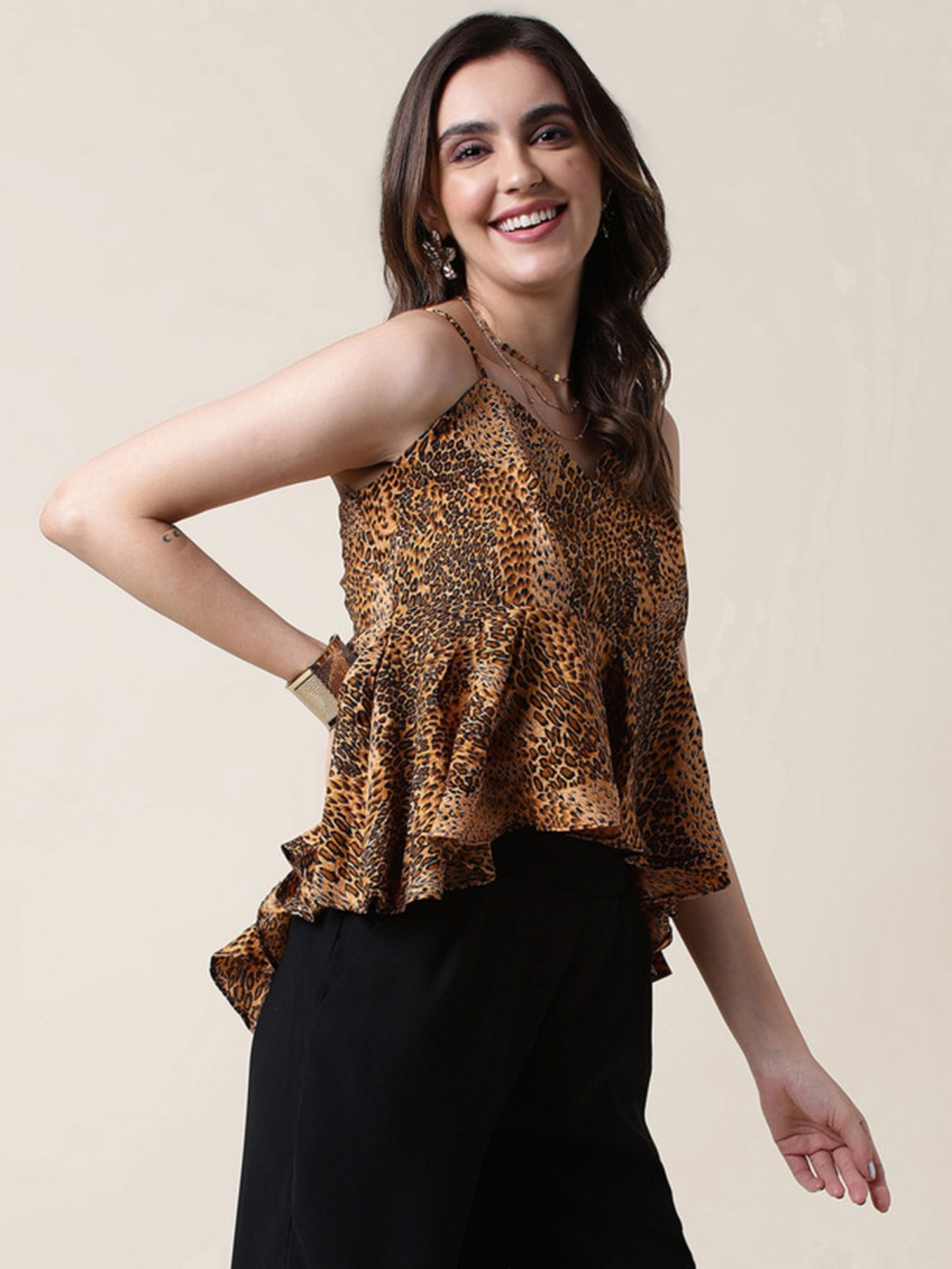 SELVIA Beige & Brown Animal Print Top