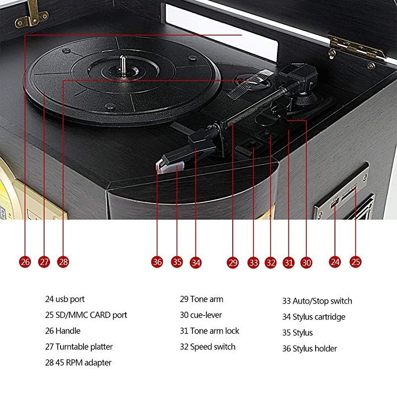 Record Player, Phonographs  3-Speed Vinyl Turntable Built-in 2 x9W Bluetooth Speakers, Headphone Jack/Aux In/RCA/LED/USB/MP3/CD/FM/AM Record Player