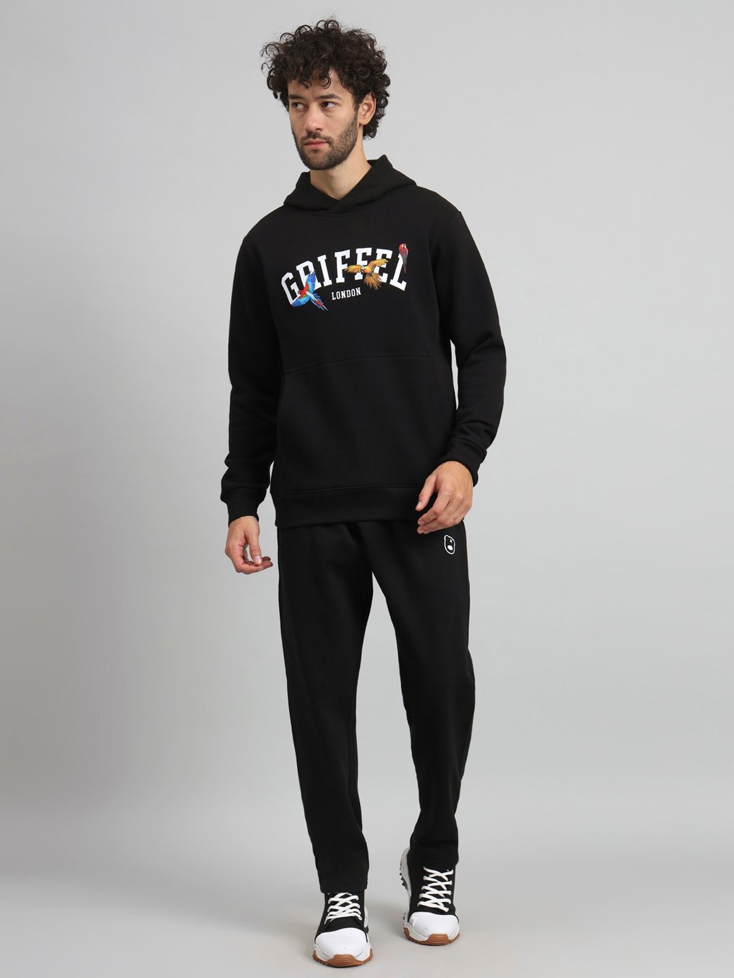 GRIFFEL Black Regular Fit Printed Hooded Sweatshirt & Trackpants Set
