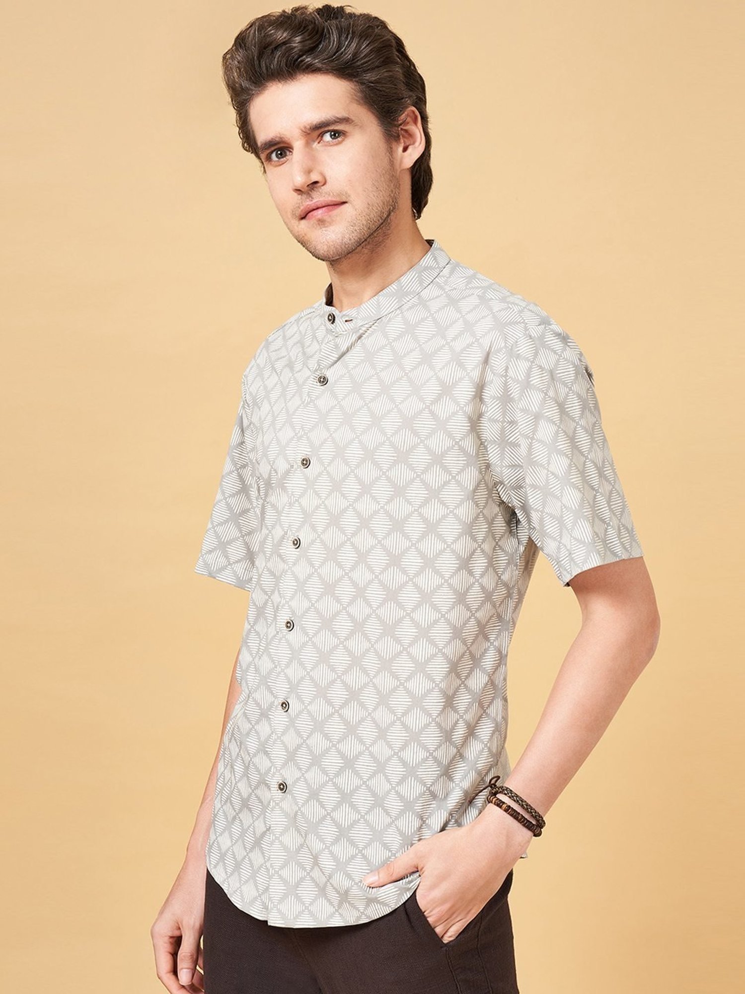 Indus Route by Pantaloons Desert Sage Regular Fit Printed Shirt