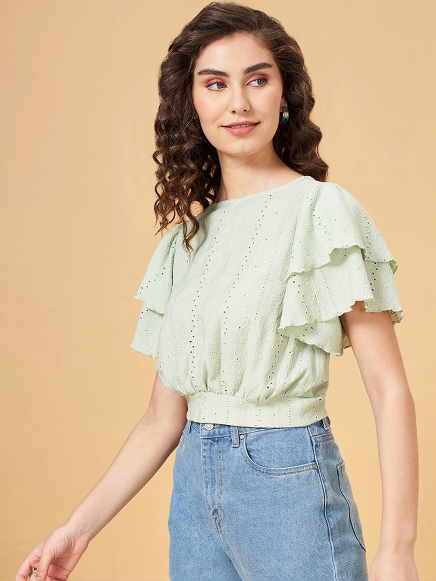 People by Pantaloons Green Self Pattern Crop Top