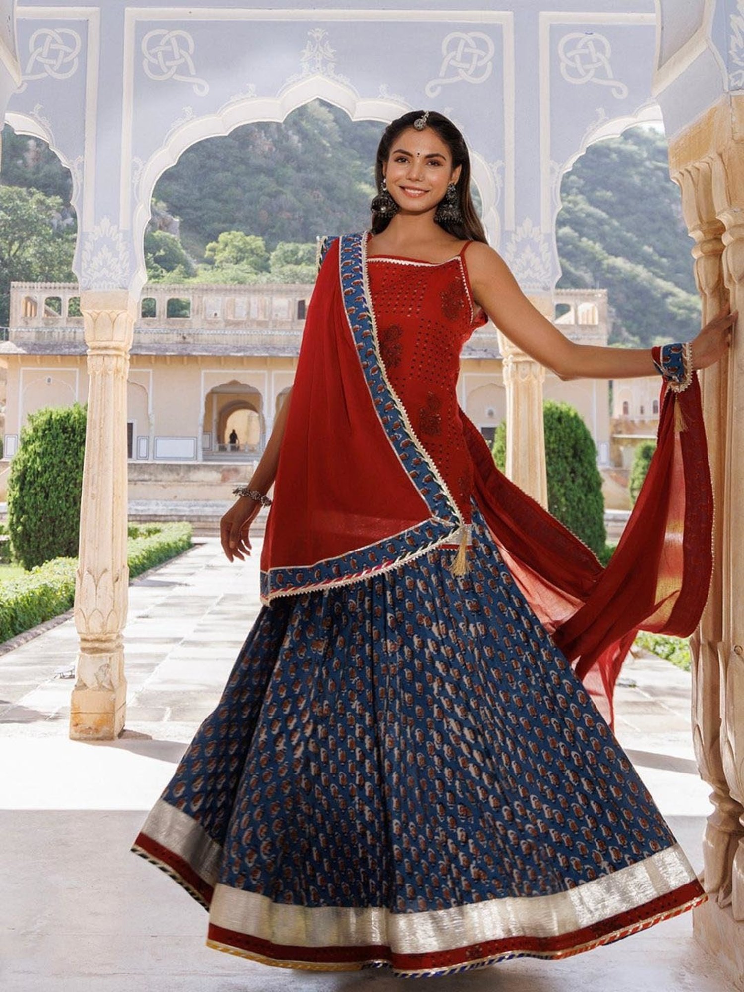 Geroo Jaipur Indigo-Red Pure Cotton Hand Block Printed Skirt Set