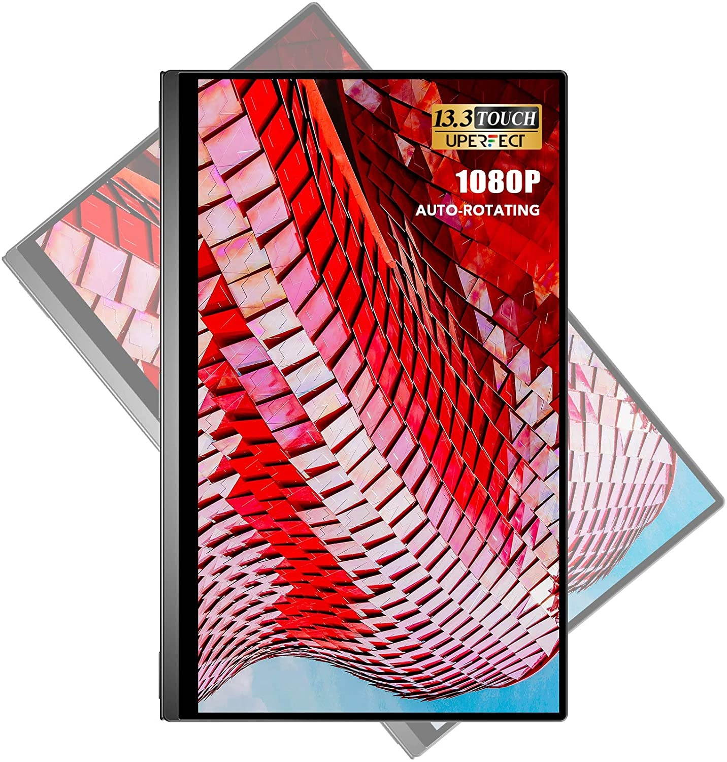 Portable Monitor Touchscreen, UPERFECT Gravity Sensor Automatic Rotate 13.3'' Slimmest 10-Point Touch FHD 1920x1080 Dual USB C Monitor Bracket Integrated & Frameless Bezel Glass HD Laptop Display