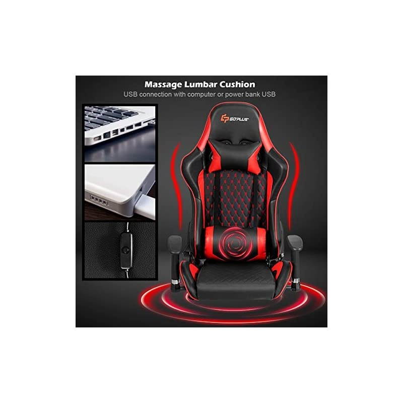 Massage Gaming Chair, Reclining Backrest Handrails and Seat Height Adjustment Racing Computer Office Chair, Ergonomic High Back Embroidered PU Swivel Game Chair with Headrest and Lumbar Cushion