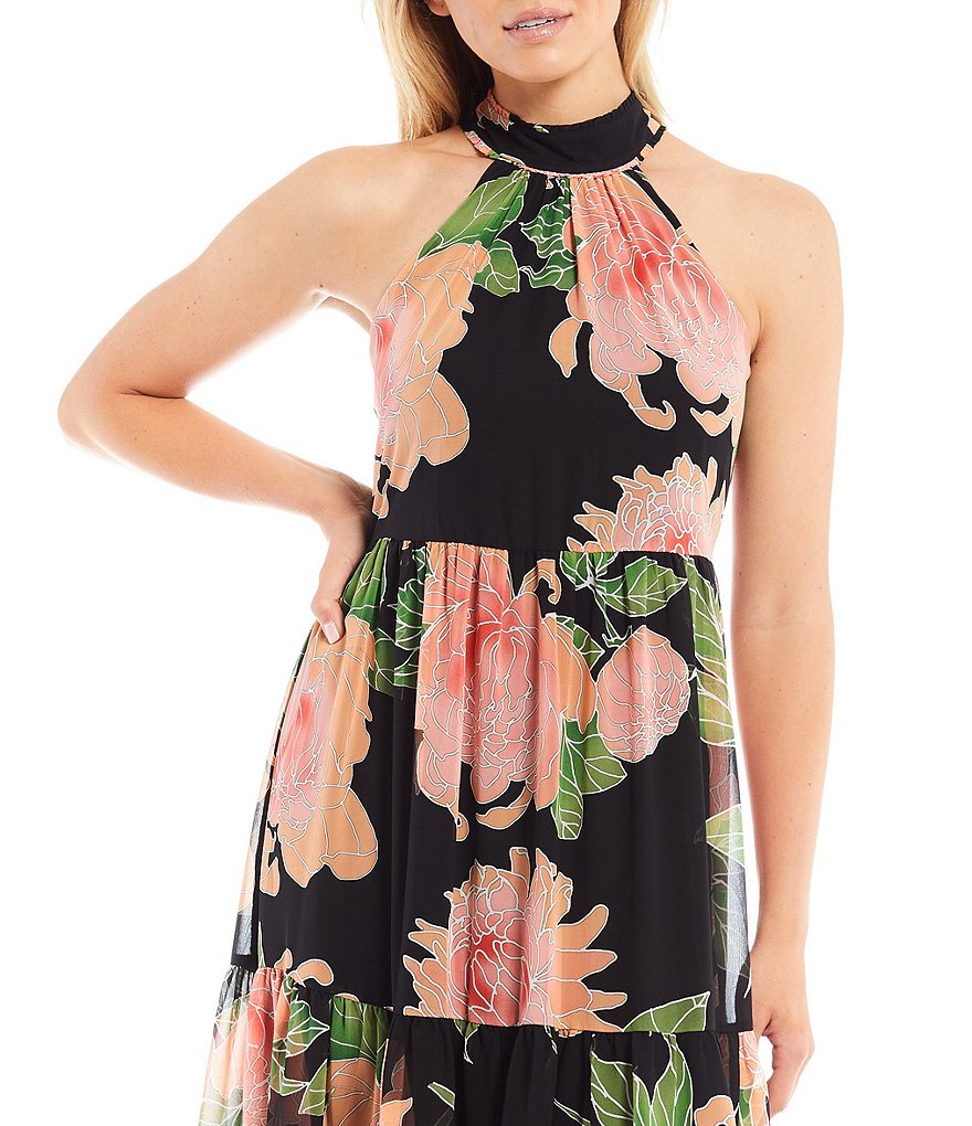 Trina Turk Immeasurable 2 Floating Chrysanthemum Floral Print Halter Neck Sleeveless Midi Dress