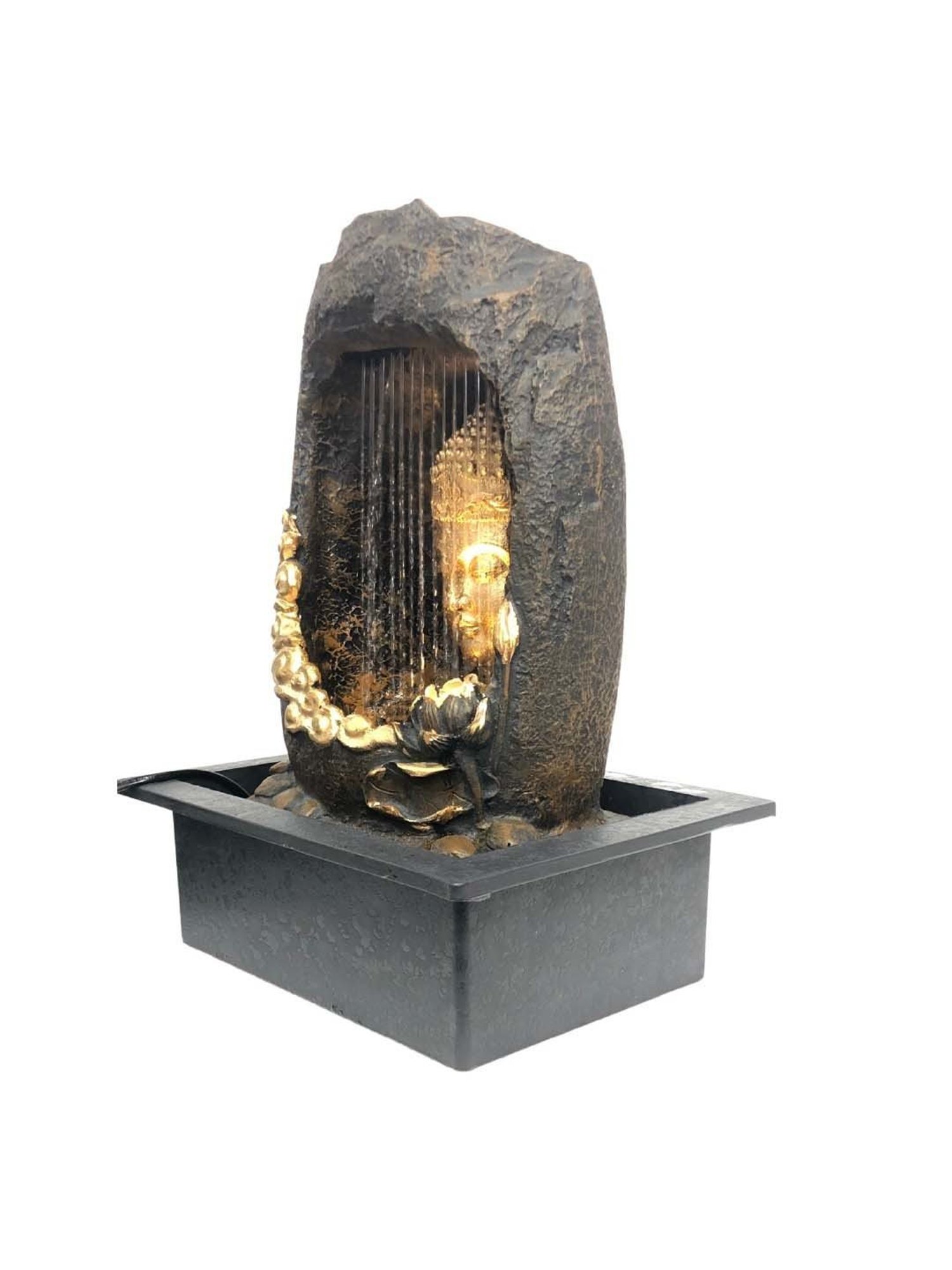 CHRONIKLE Golden & Brown Polyresin Meditating Buddha Sitting In Cave Style Waterfall Fountain