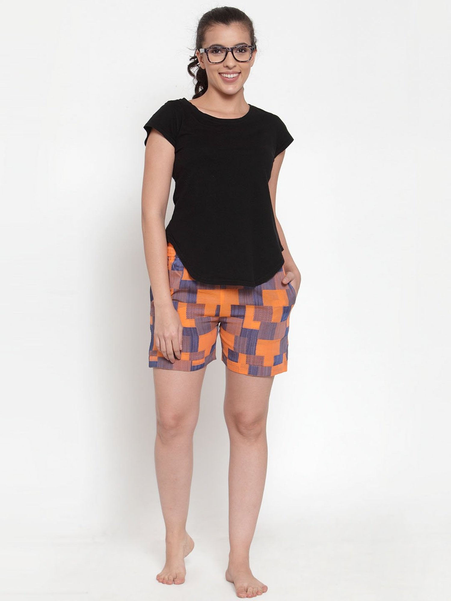 Secret Wish Orange & Blue Checks Shorts