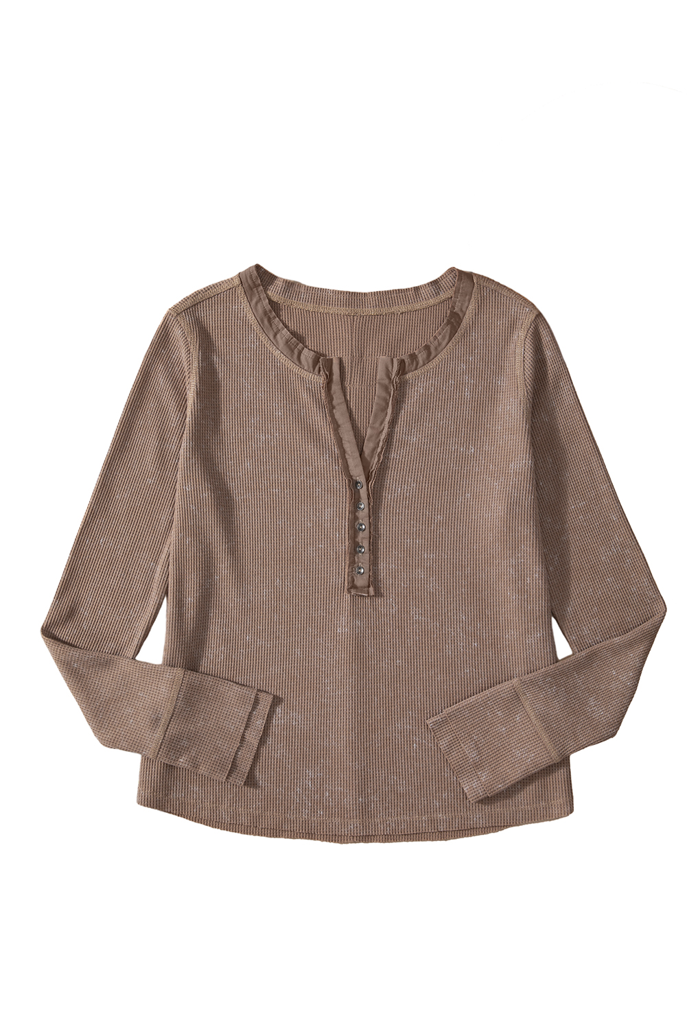 Coffee Button V Neck Waffle Knit Top