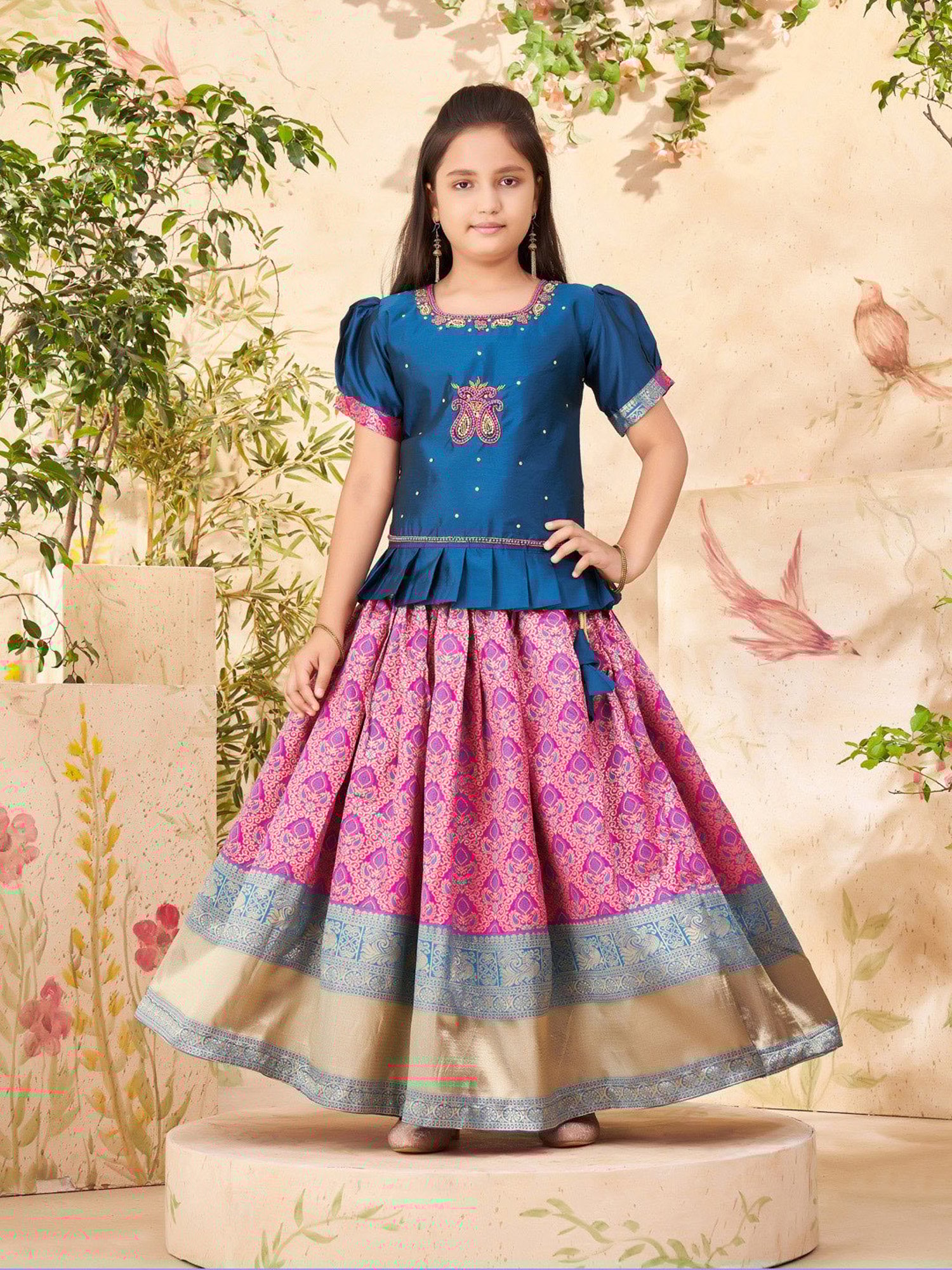 A Little Fable Kids Blue Printed Lehenga with Choli & Dupatta
