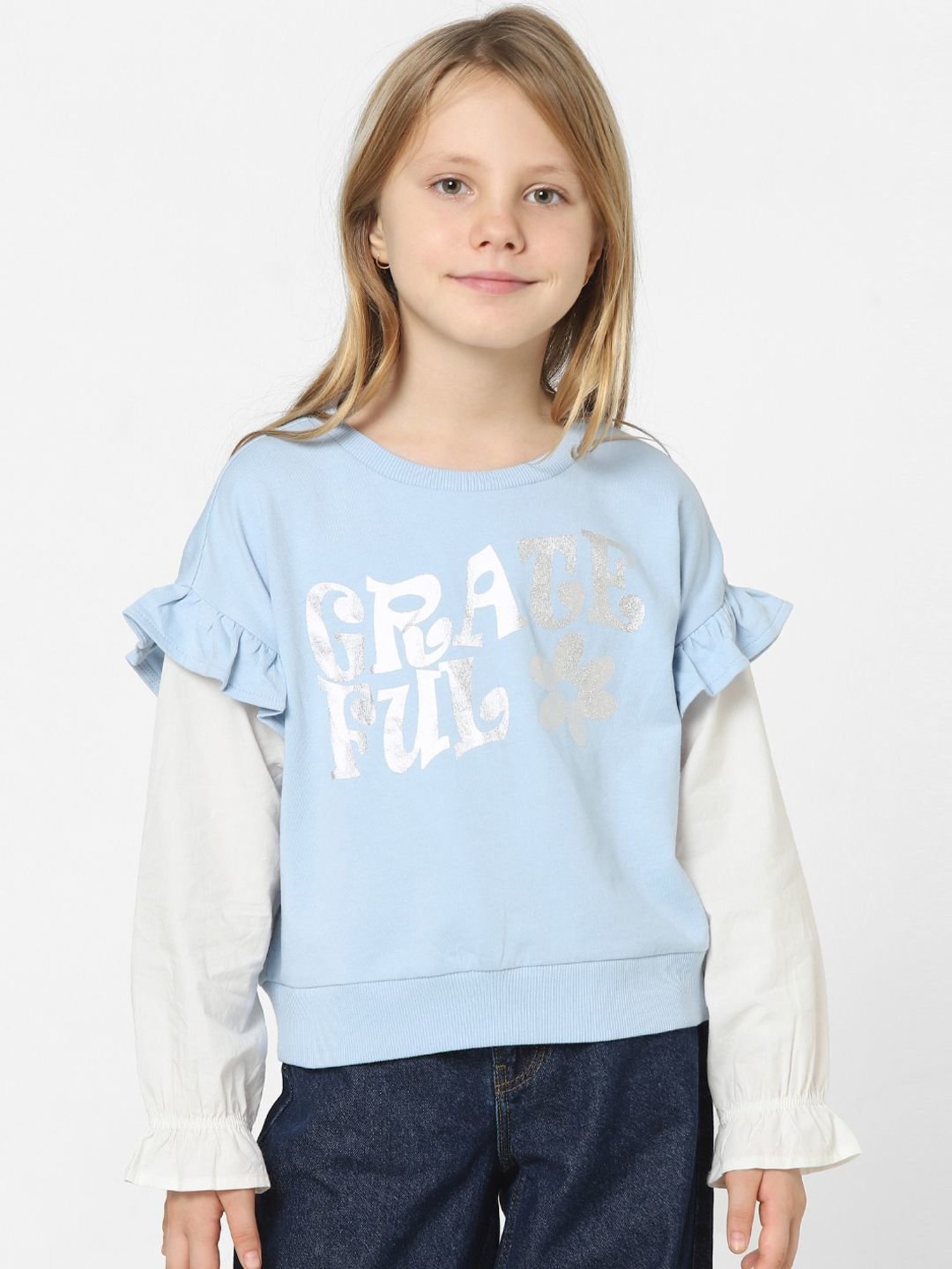 KIDS ONLY Cashmere Blue & White Cotton Printed Full Sleeves Sweatshirt