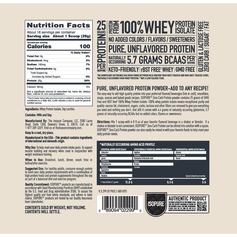Isopure Unflavored Zero Carb Protein Powder - 16oz