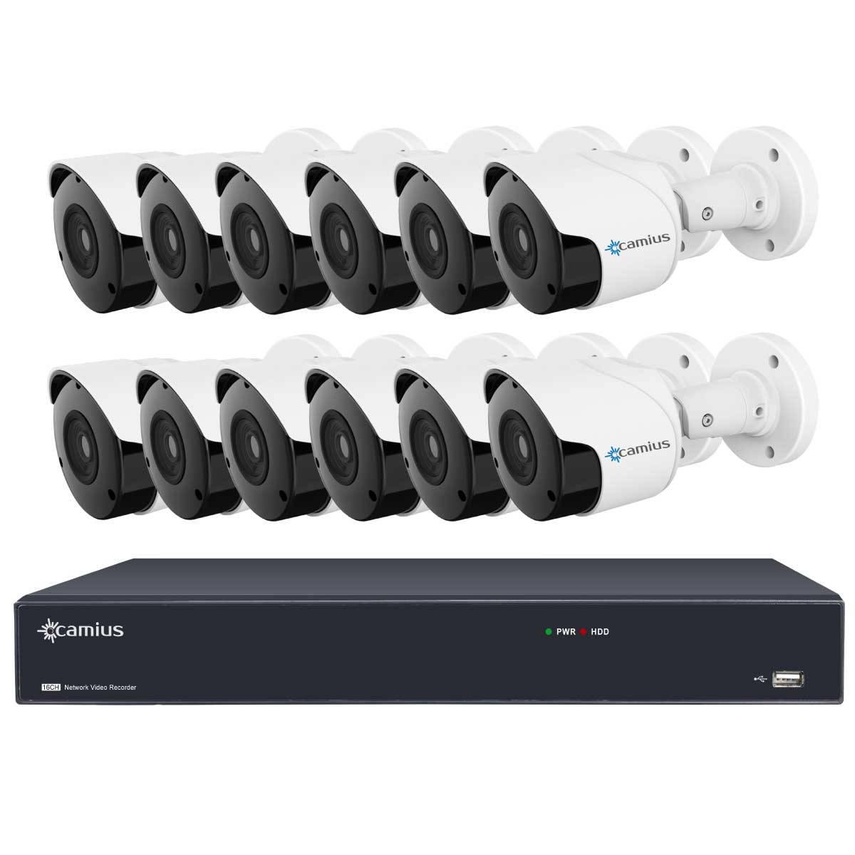 Camius 4K 16 Channel NVR system with 3TB HDD, 12 x 5MP 1944p IP PoE Audio Video Outdoor Cameras, Night Vision, 3.6mm, PC, Mac, Phone app view, Motion, Sound Detection 16PN12B3T